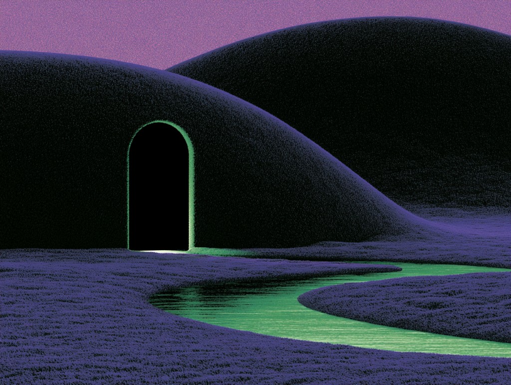 Surreal landscape illustration with rolling hills and a winding path