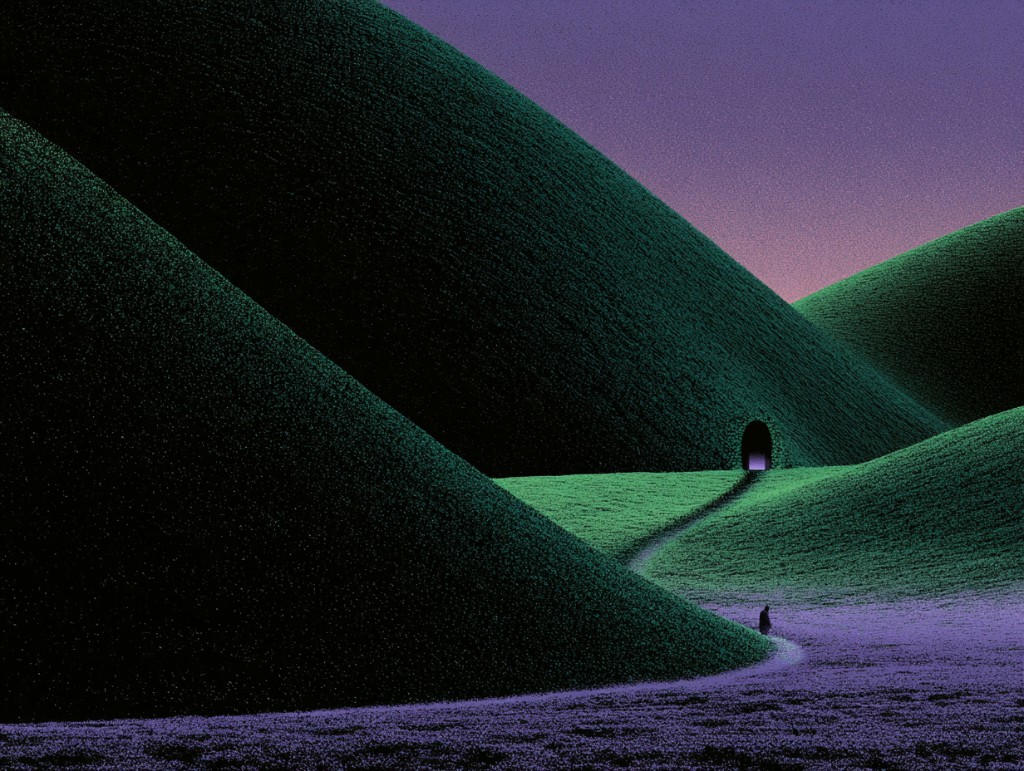 Surreal landscape illustration with rolling hills and a winding path