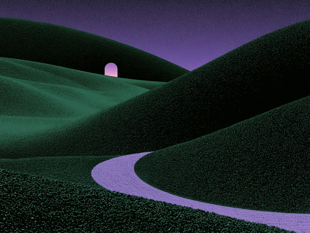 Surreal landscape illustration with rolling hills and a winding path