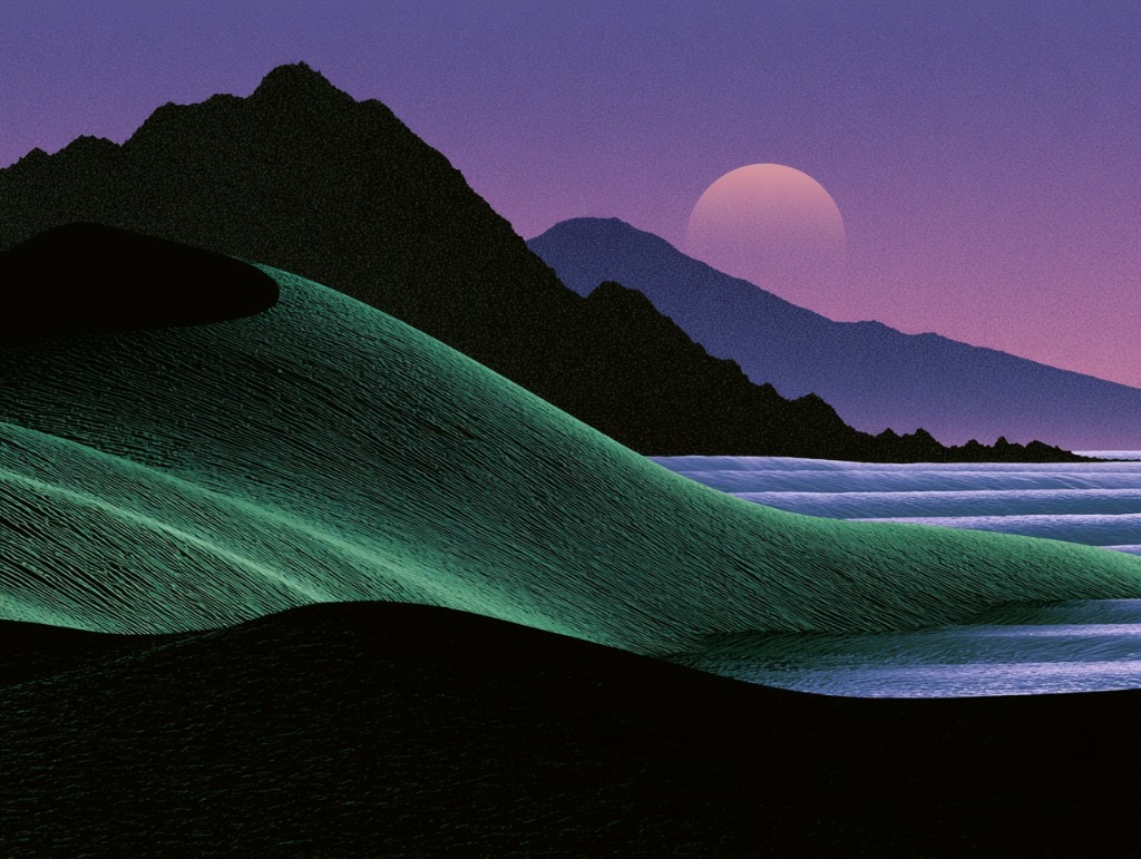 Stylized desert landscape with emerald dunes, mountain silhouettes, and a pink sun in a purple sky