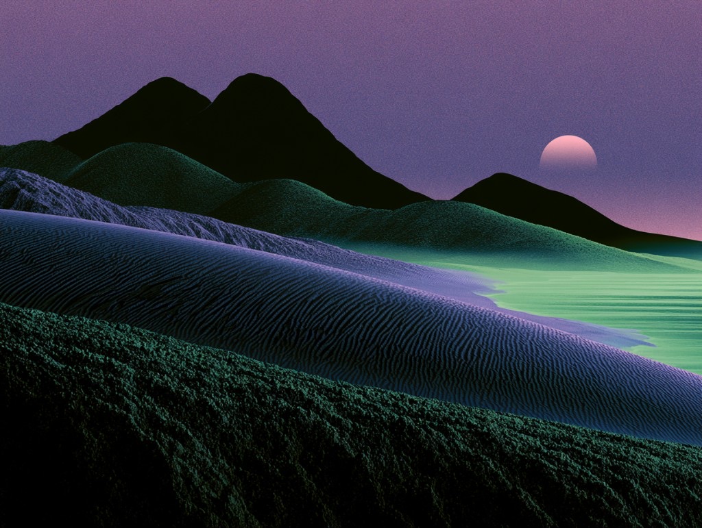 Stylized landscape with purple ribbed dunes, teal water, and a glowing moon in a grainy purple sky