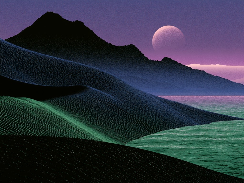 Stylized landscape with green and navy dunes, teal water, and a pale moon over a purple horizon