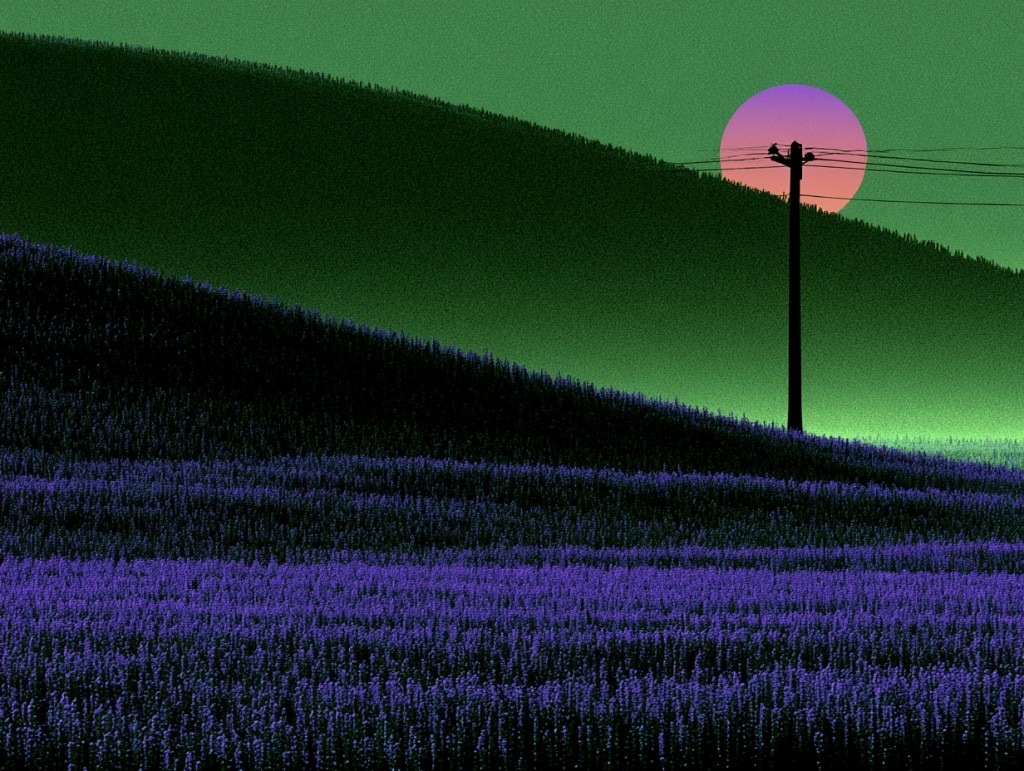 Stylized landscape with purple flowers, a utility pole silhouette, and a large sun against a green sky